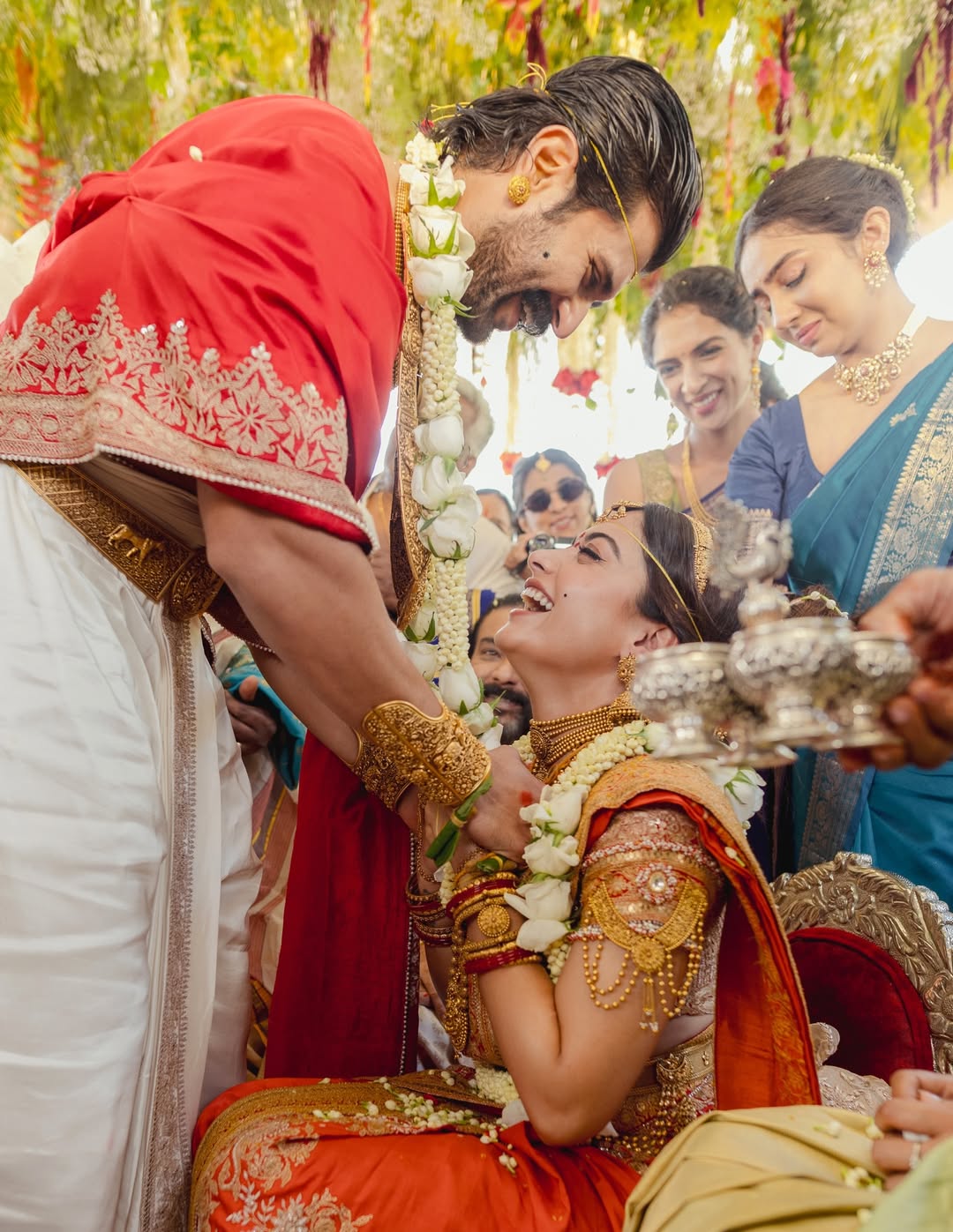Vijay Deverakonda placing the garland on Rashmika Mandanna during the Jaimala ceremony